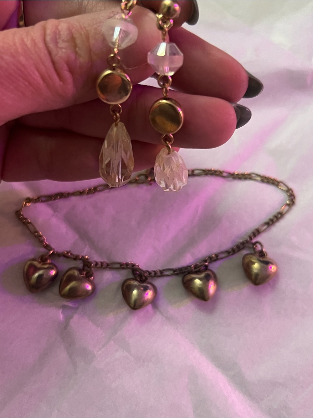 Gold-Tone Heart Charm Necklace and Crystal Drop Earrings Set